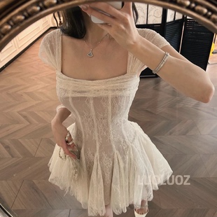 LUOLUOZ 法式 温柔风气质方领时尚 收腰蕾丝仙女连衣裙 云纱月缕