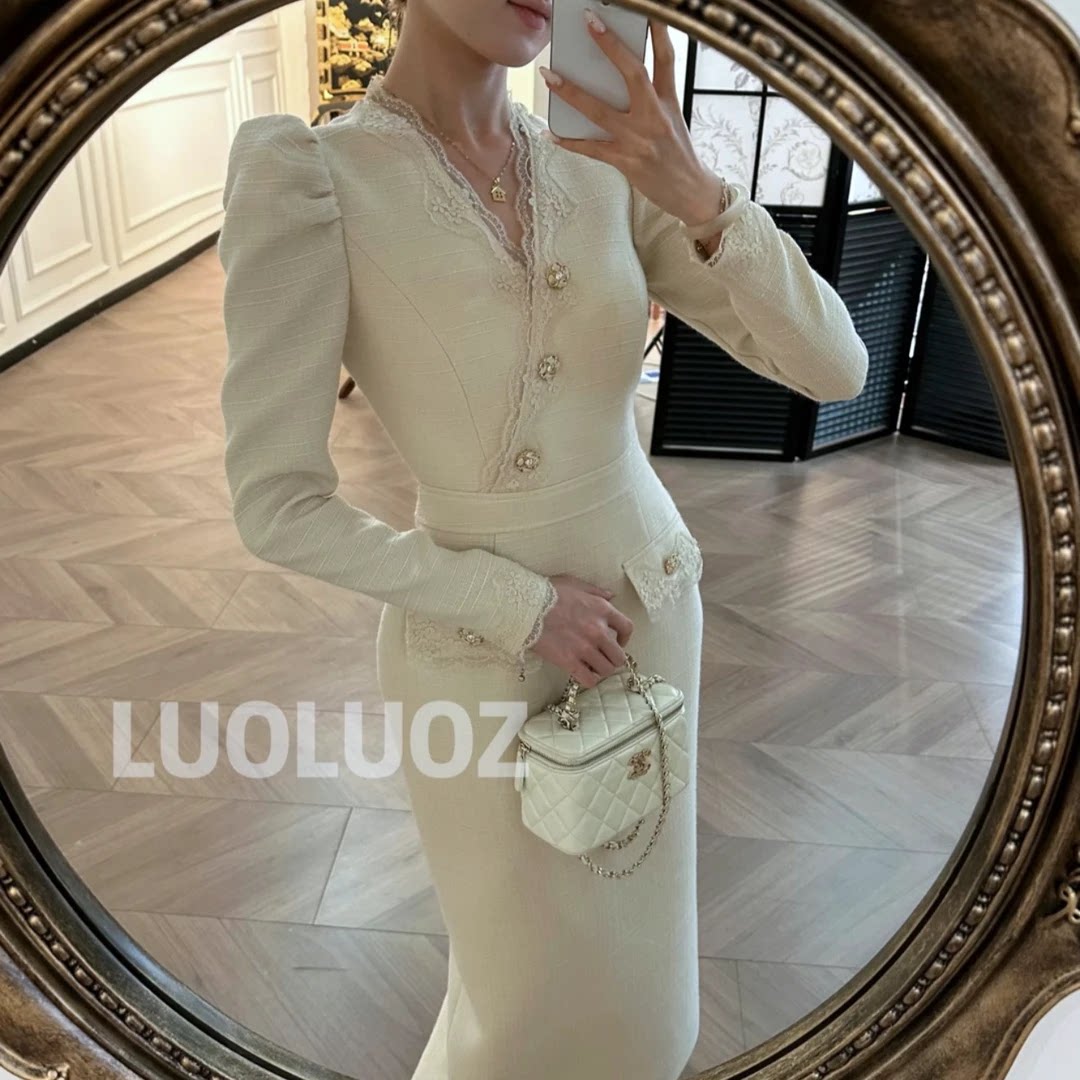 LUOLUOZ【蕾丝香颂】小香风粗花呢蕾丝拼接收腰长款连衣裙JF1626