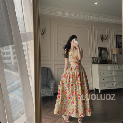 LUOLUOZ【夏日油画】温柔风高腰显气质绝美收腰长款连衣裙女JF121