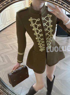 LUOLUOZ【琥珀琉光】棕色宫廷风刺绣两件套女秋冬长袖短裤HY7017