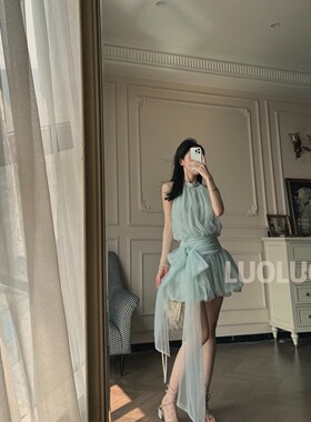 LUOLUOZ清冷感仙女温柔风气质挂脖网纱高级收腰显瘦气质连衣裙女