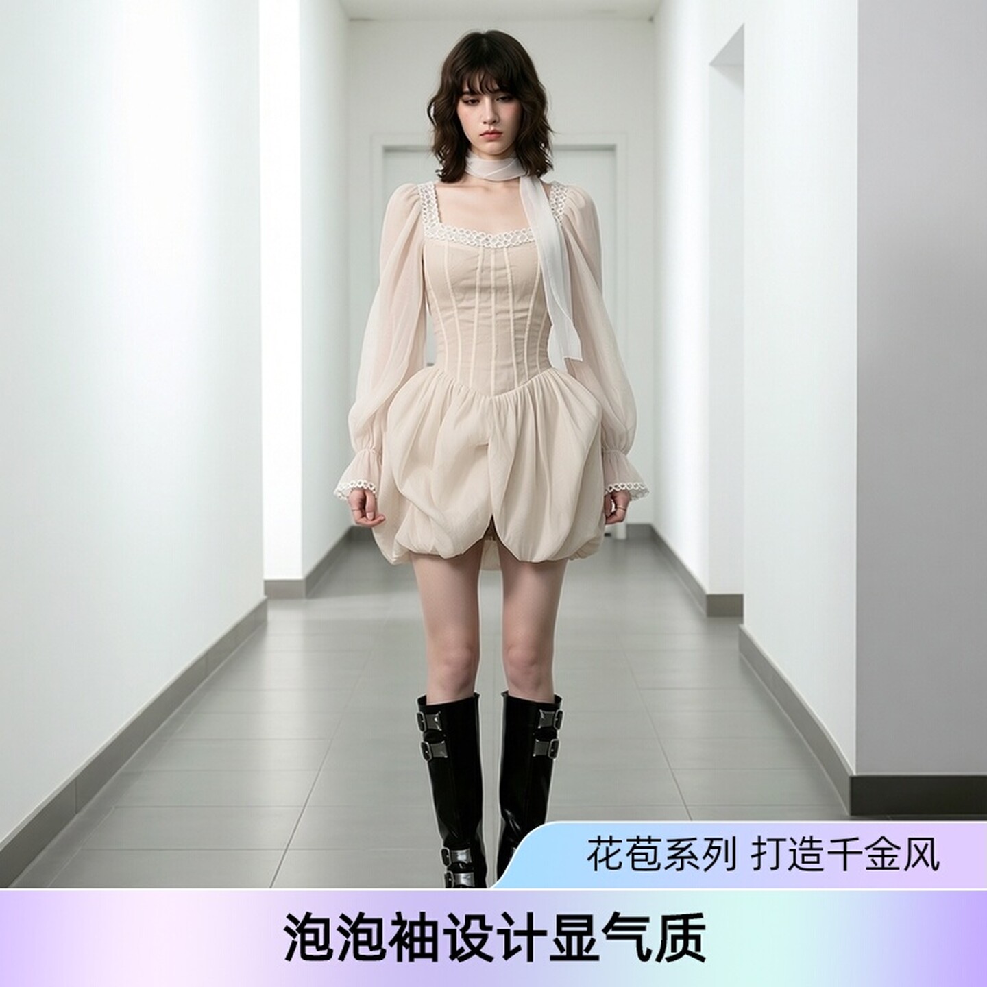 LUOLUOZ纯欲风白色泡泡袖连衣裙气质绝美收腰网纱长袖短款仙女裙