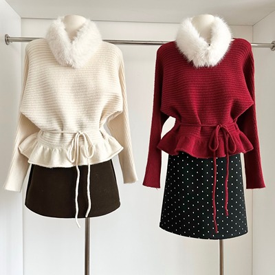 毛领针织衫女秋冬荷叶边绑带红色毛衣可外穿内搭显瘦外套百搭上衣