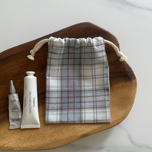 ins港风格子收纳小号布袋 化妆品袋手机袋杂物分类袋棉麻抽绳布袋