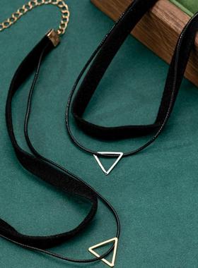 黑色皮绳倒三角项链男女百搭卫衣吊坠个性潮牌嘻哈配饰街头