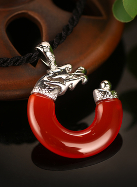 诗美琪 中国红玛瑙925银龙珠男士玛瑙项链本命年礼物