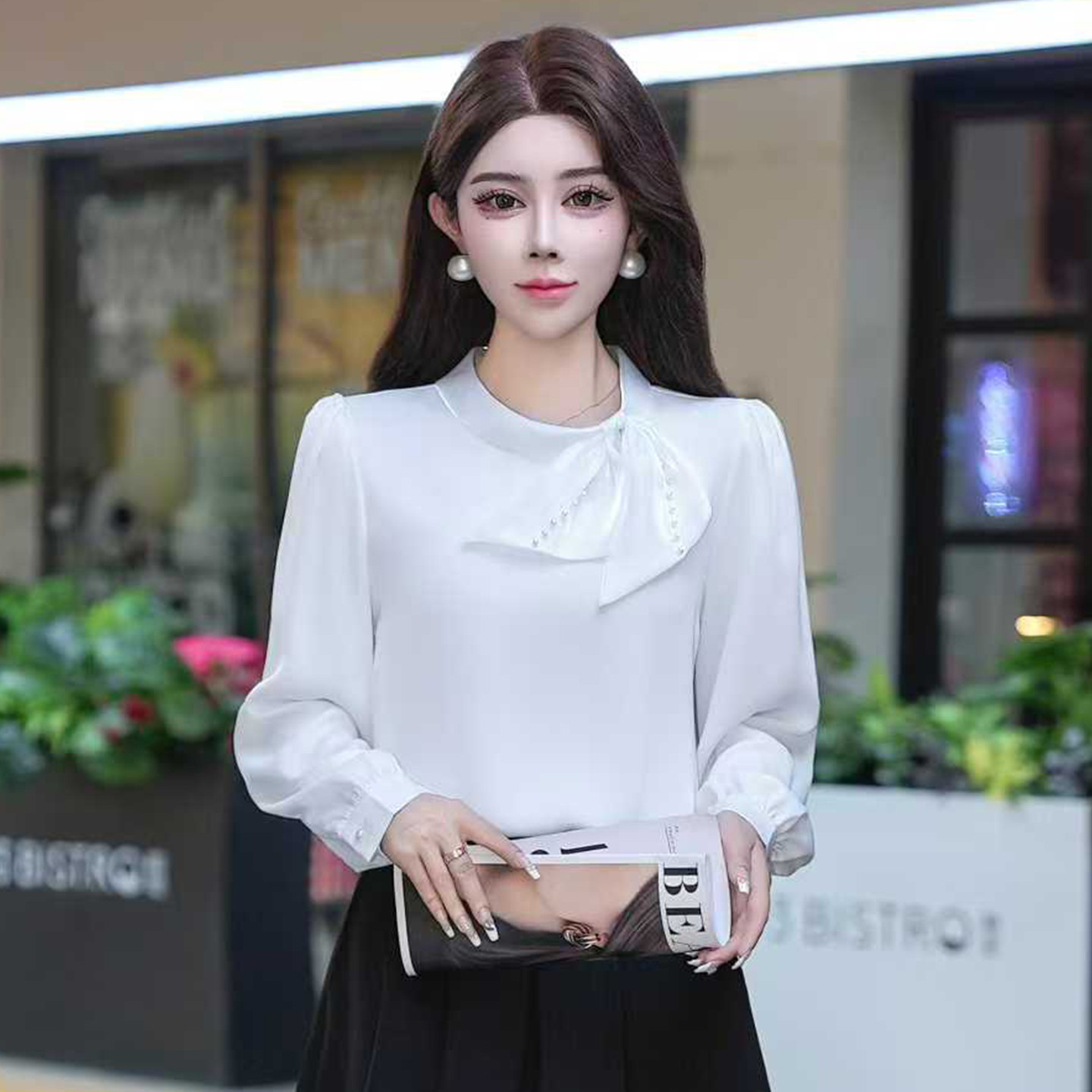 长袖雪纺衬衫女纱网水钻钉珠蝴蝶结2025早秋职业面试衬衣断面上衣