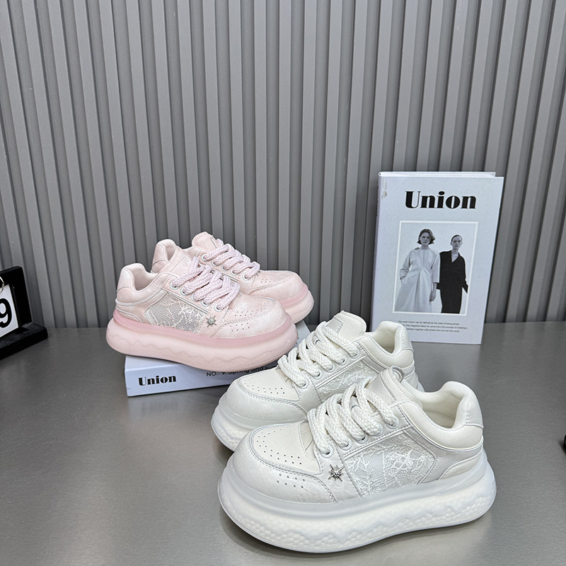 韩版蕾丝网单鞋厚底松糕鞋女交叉绑带增高小白鞋时尚潮鞋女2258-1