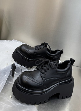 厚底松糕鞋女黑色系带德比鞋小个子增高休闲鞋单鞋女乐福鞋1272-6