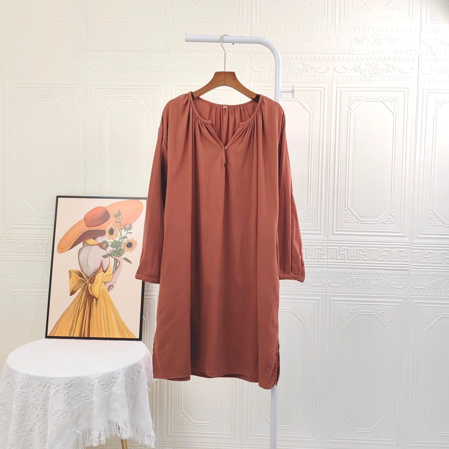 款号12335原单棉麻半开领长袖连衣裙新款女装复古文艺慵懒风裙子