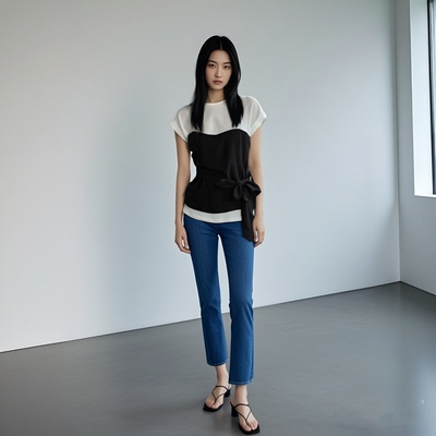 款号730180原单新款女装黑白拼接简约白T 打底腰侧蝴蝶结一系小衫