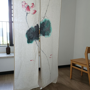 中式入户门手绘荷花门帘书房中国画文艺棉麻特色对开门帘特色布帘