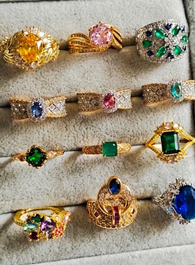 女铜镀银复古戒指圈环镶嵌草莓晶