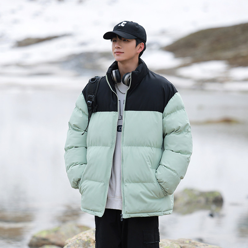 撞色拼接立领棉服男宽松保暖防寒棉衣青少年潮流外套加厚男士冬季