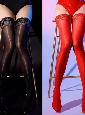 性感丝滑油光美腿丝袜孔雀蕾丝边长筒袜油亮超宽罗口硅胶防滑长筒