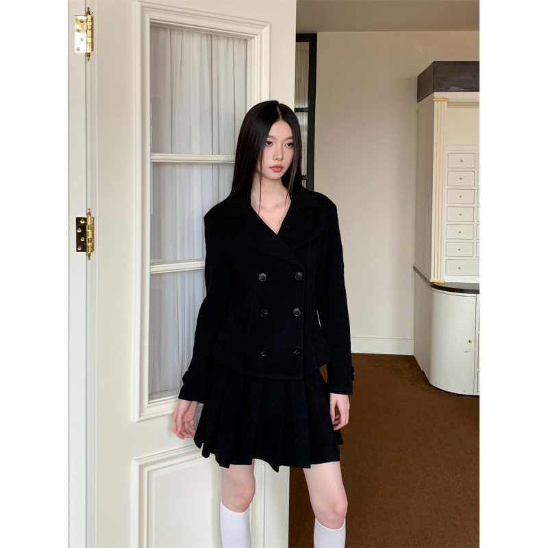 实拍现货套装黑色复古女冬季百褶半裙两件套赫本风高级感欧货