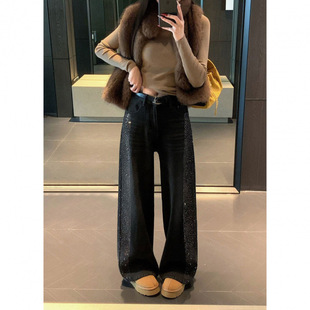 欧货烫钻亮闪闪直筒牛仔裤女2026年春季新款时尚重工感阔腿裤