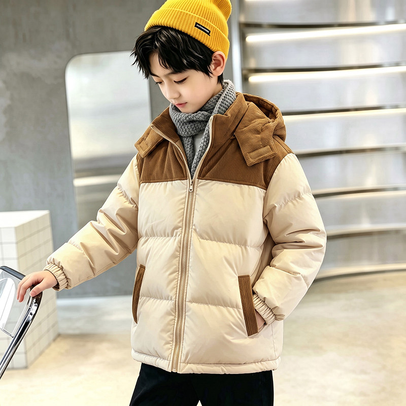 男童棉服冬季新款中大儿童带帽可拆棉衣加厚灯芯绒棉袄男孩外套