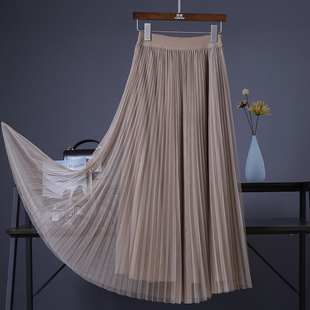 秋冬款 纱裙 高腰显瘦网纱百褶长裙大摆垂感a字半身裙中长款