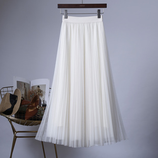 2026春季新款高腰显瘦垂感网纱百褶A字半身裙长裙中长款纱裙简约