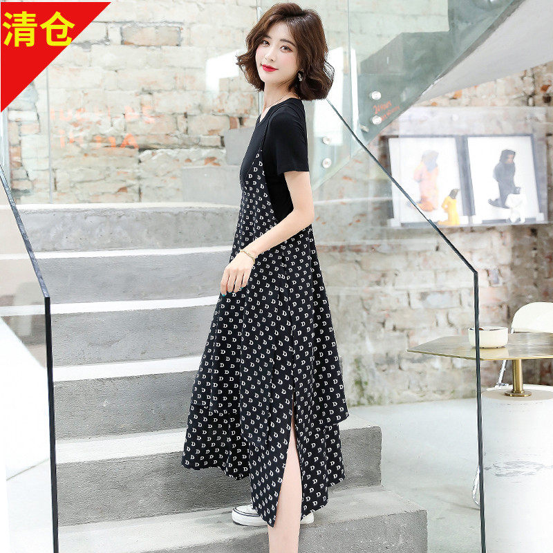 清仓 韩版夏装优雅圆领黑色短袖T恤衫搭配中长款印花吊带裙两件套