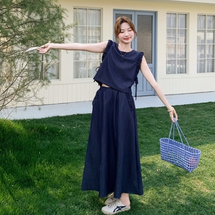 半身裙套装 夏装 上衣搭配中长款 新款 小众设计甜美圆领后背纽扣无袖