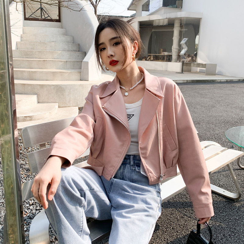 欧版春装新款潮流时尚西装领大版型设计宽松百搭彩色皮衣超短外套