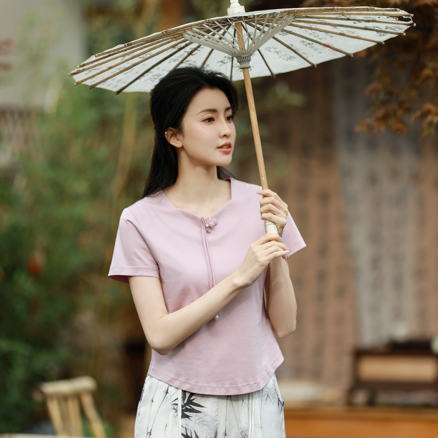 短款T恤夏季V领盘扣复古打底衫新中式茶服修身桑蚕丝凉感上衣女