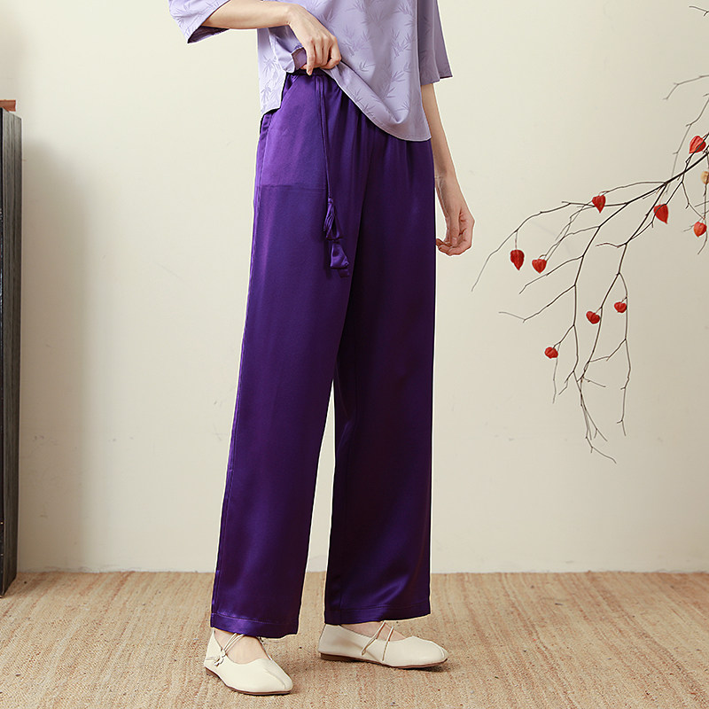 中国风阔腿裤高级感醋酸真丝直筒长裤高腰窄版显瘦女士紫色裤子夏