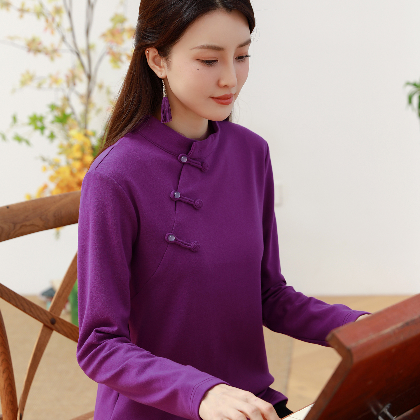 纯棉T恤秋冬加厚新中式长袖上衣