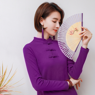 长袖t恤新中式女装秋冬新款盘扣打底衫加厚修身上衣衬衫禅衣茶服