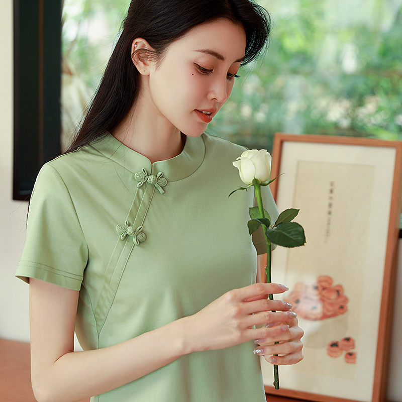 中国风T恤女装复古盘扣衬衫打底衫桑蚕丝短袖上衣女禅衣茶服唐装