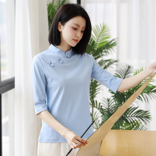 桑蚕丝T恤新款新中式立领复古盘扣上衣五分袖打底衫斜襟茶服唐装