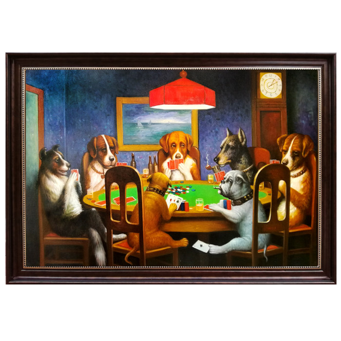 手绘7只狗聚会桌子上打扑克牌装饰画客厅挂画柯立芝打牌油画简约