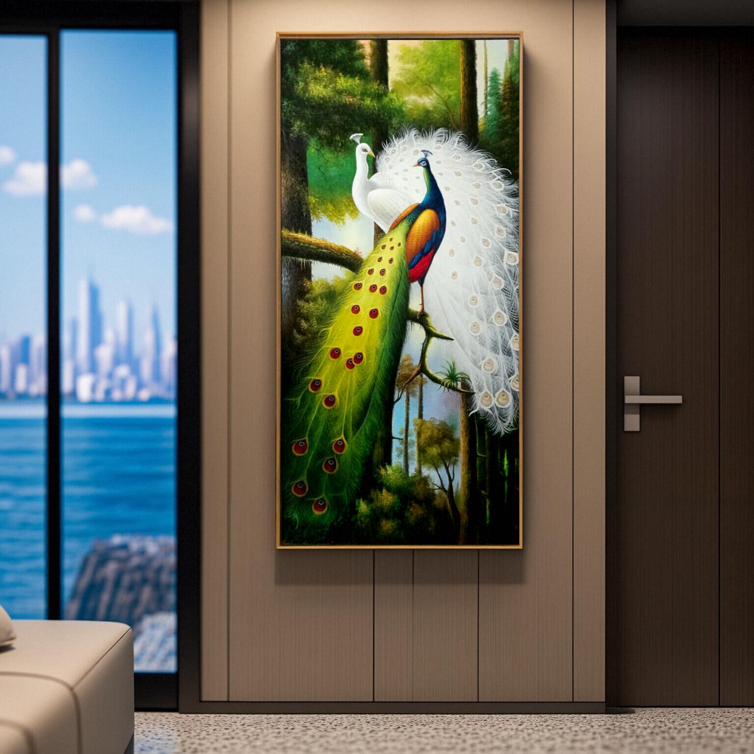 纯手绘简约油画中式动物玄关壁画风景客厅装饰画绿孔雀白孔雀卓克图片