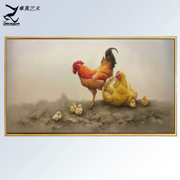 手绘母鸡带小鸡装饰画中式客厅公鸡油画挂画长横版绿色壁画厦门图片