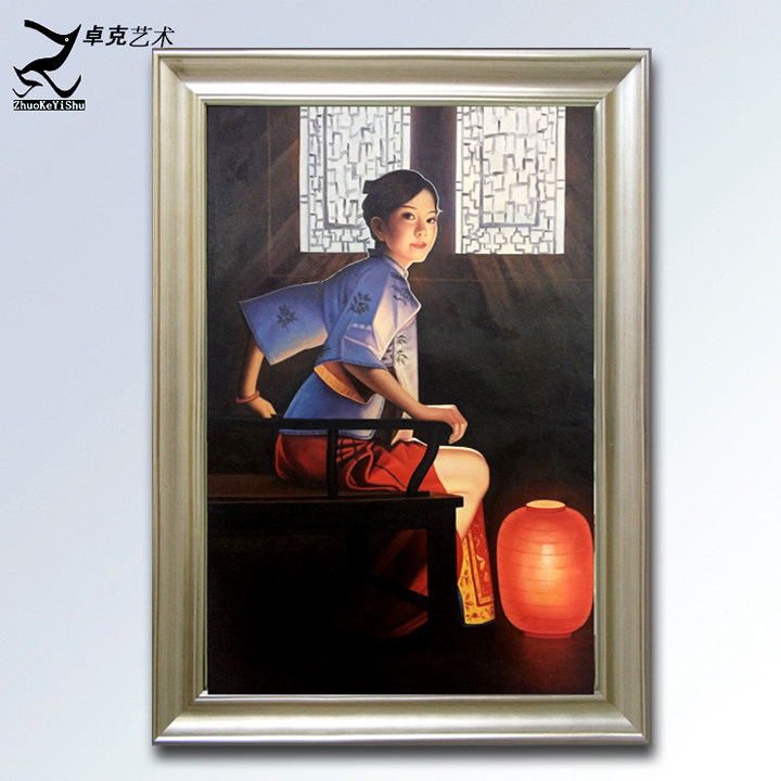 手绘装饰画朱毅勇古典美女灯笼 新中式客厅过道玄关挂画竖版油画