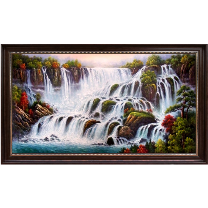 手绘中式客厅立体装饰画大幅横版沙发背景墙高山流水瀑布风景油画