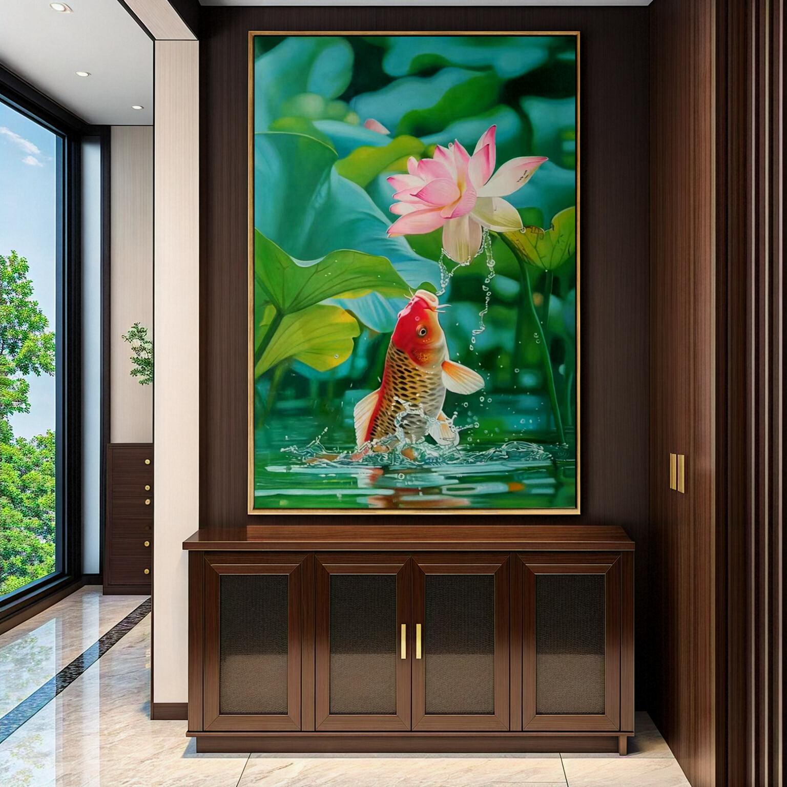 手绘油画现代简约荷花鲤鱼聚财走廊年年有余锦鲤图装饰画立体卓克图片