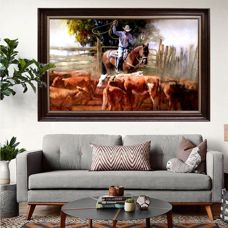 客厅立体挂画手绘客厅背景墙装饰画复试进门壁画横版西部牛仔油画