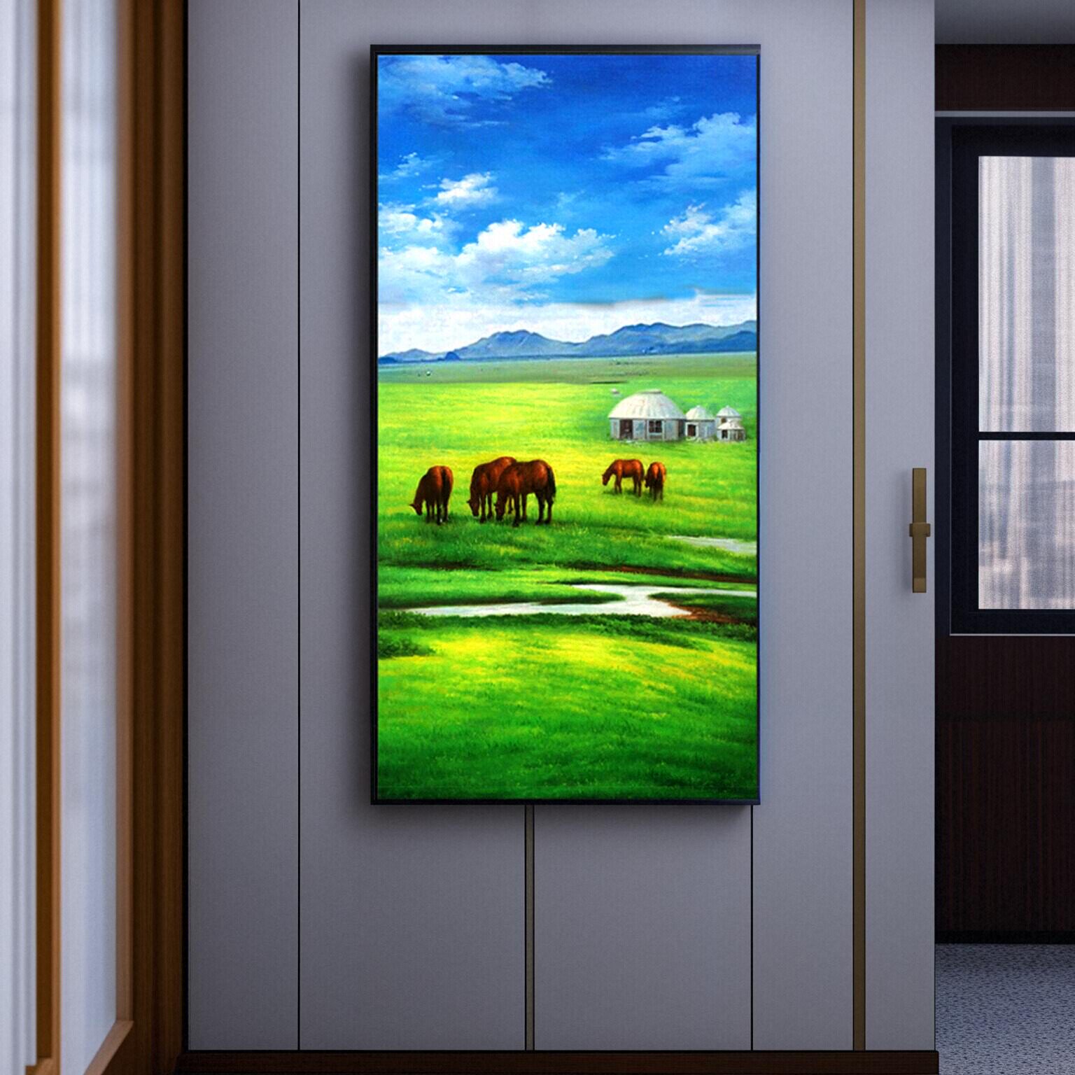 手绘蒙古平原绿色草原五匹马装饰画风水客厅挂画入户玄关过道油画