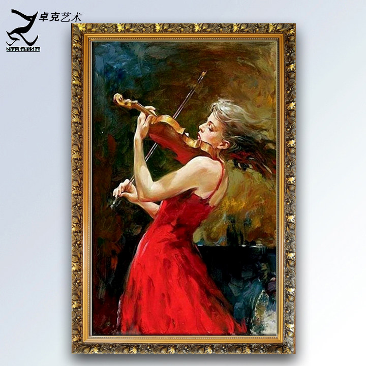 美女拉小提琴装饰画手绘现代欧美玄关酒店壁画萨克斯乐器印象油画