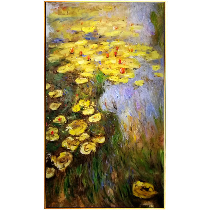 纯手绘荷塘荷花装饰画简约入户客厅过道抽象油画金色l框挂画卓克