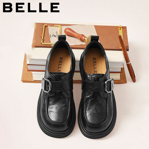 百丽复古厚底方扣乐福鞋女黑色