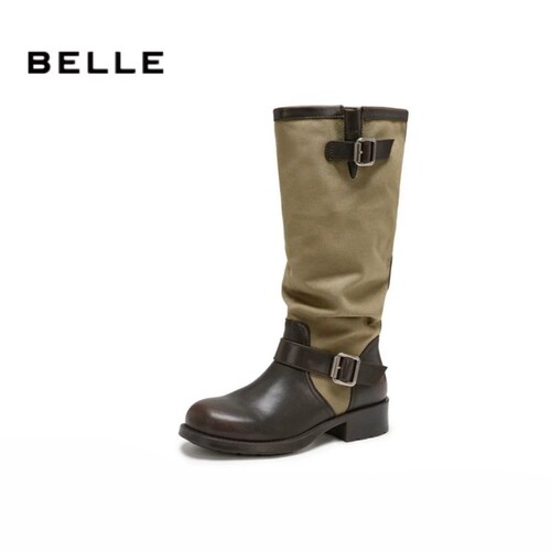 百丽冬季新帆布西部方跟长筒女靴