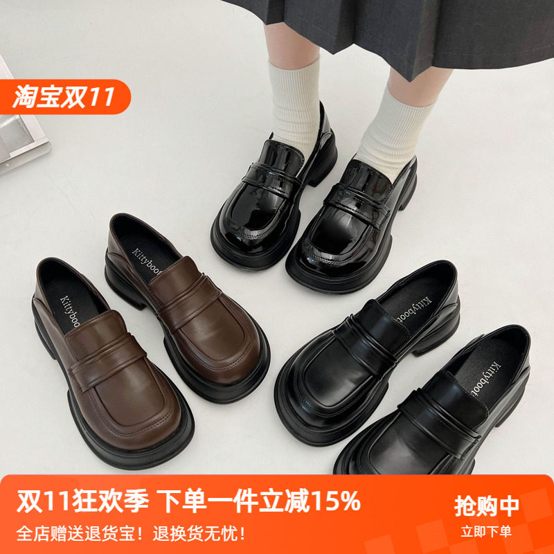 爱喝可乐呀 经典法式小黑皮鞋厚底乐福鞋女百搭粗跟复古百搭jk鞋