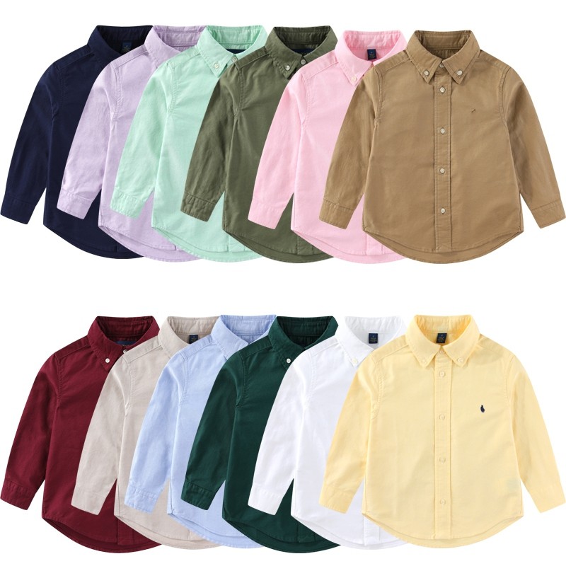 RL064男女童牛津纺纯棉小马纯色休闲衬衣 春秋中大童 翻领 衬衫