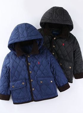 RL154经典菱形格薄棉服 男女童秋冬薄软轻便舒适小马有帽开衫