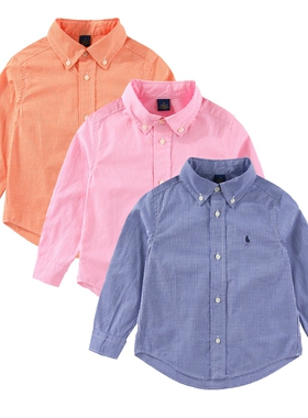 RL065男女童小格子府绸棉衬衣 中大童可亲子翻领  休闲风小马标