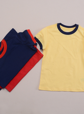 RL027男女童大马撞色短袖圆领休闲T恤 纯棉夏装欧美